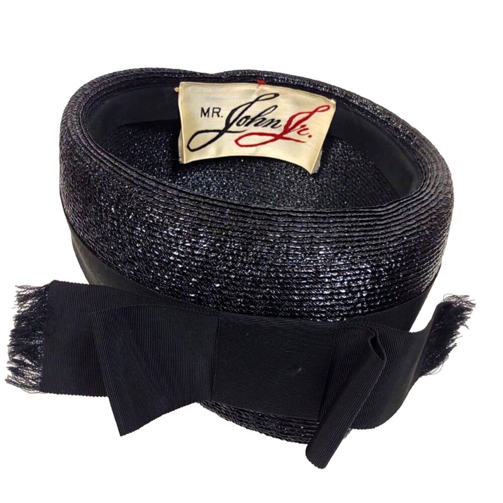 Mr John Jr Vintage Straw Pillbox Hat Black w Bow Union Made Fancy Church Formal - Picture 2 of 10